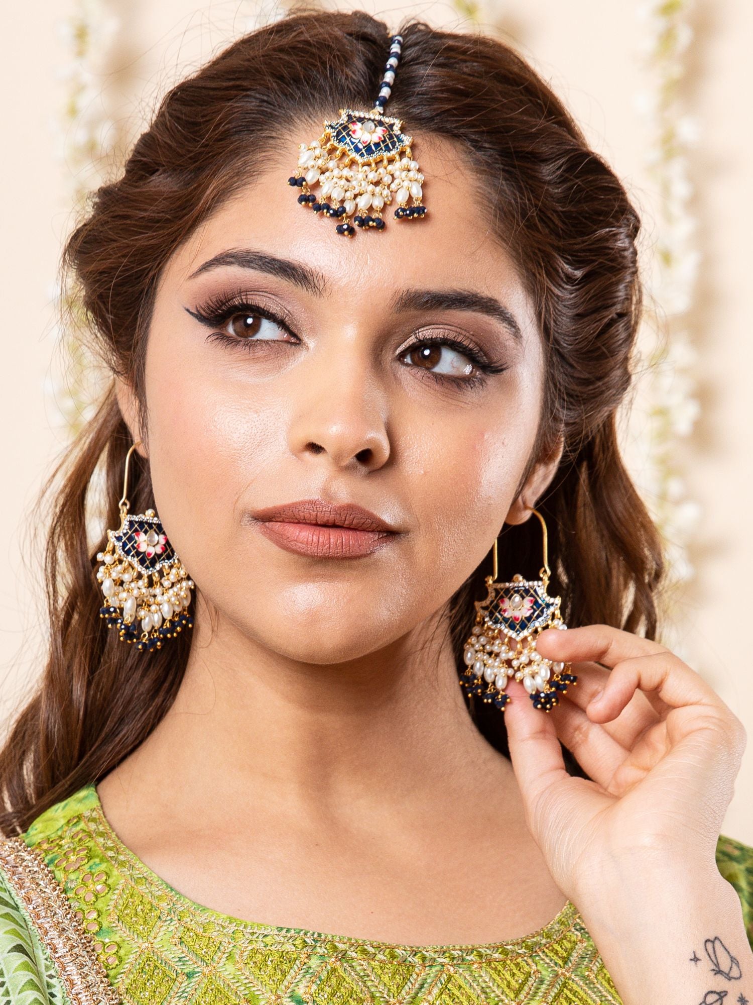 Traditional Blue Meenakari Colour Beads Bali Maang Tikka Set