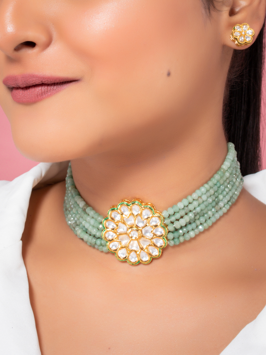 Green Gold Plated Kundan Round Choker Necklace Set