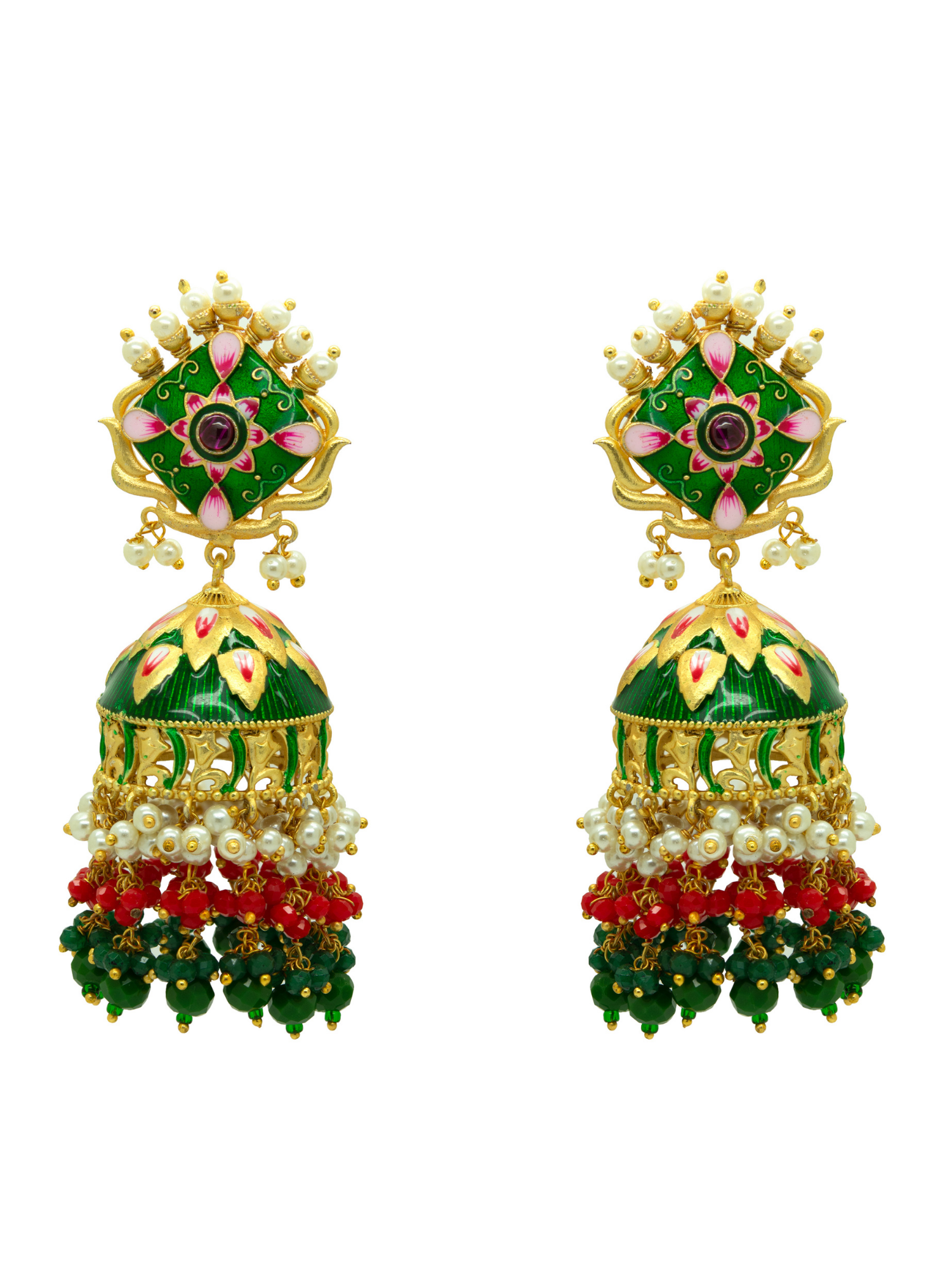 Mahi Traditional Green Designer Enamel Artificial Pearl Jhumki/Jhumka