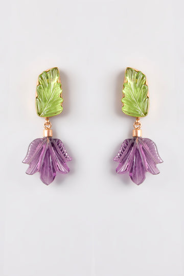 Close-up of handcrafted Green Leaf Purple Bloom Drop Earrings, highlighting the intricate green leaf detail and vivid purple bloom.