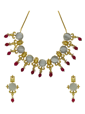 Handmade Gold Plated Grey Stone Ruby Mani Necklace With Earrings