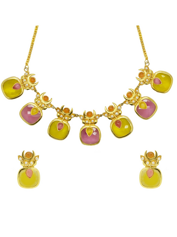 Matte Gold Plated Pink-Yellow Stone Necklace With Studs