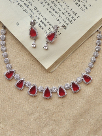 Delight Silver Plated Ruby Stone Necklace With Studs