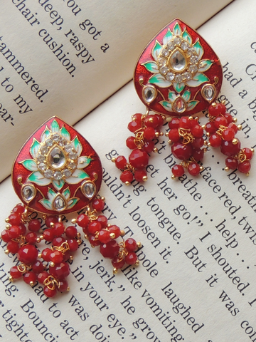 Traditional Red Meenakari Paan Necklace With Earrings