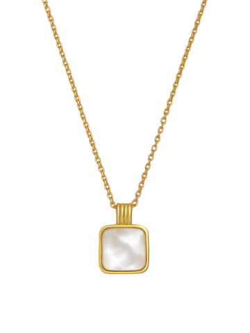 Square-shaped mother of pearl gold pendant necklace on white background - 18k gold plated chain - Johori jewelry