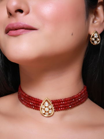 Red Gold Plated Polki Pear Choker Necklace