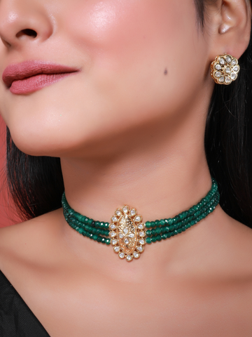 Green Gold Plated Kundan Choker Necklace Set