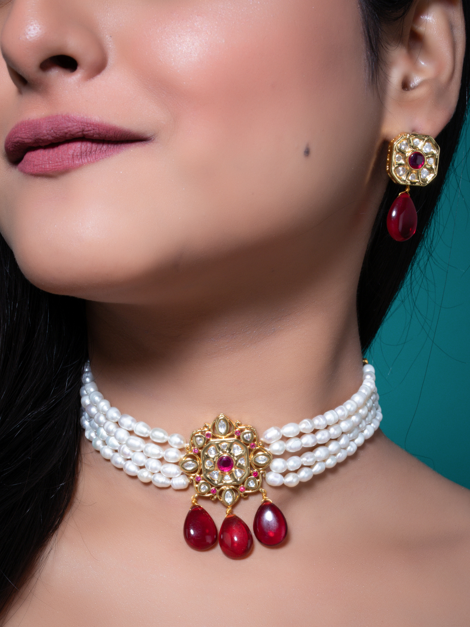 Pearl White Red Gold Plated Polki Choker| Pearl Choker | Johori