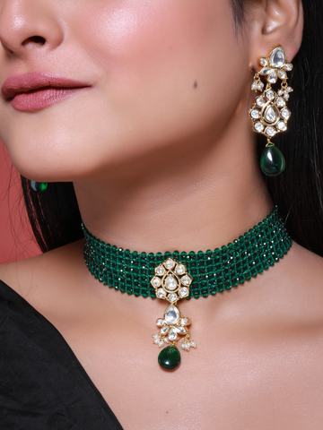 Green Gold Plated Kundan Choker Necklace Set