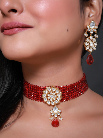 Red Gold Plated Kundan Round Choker Necklace Set