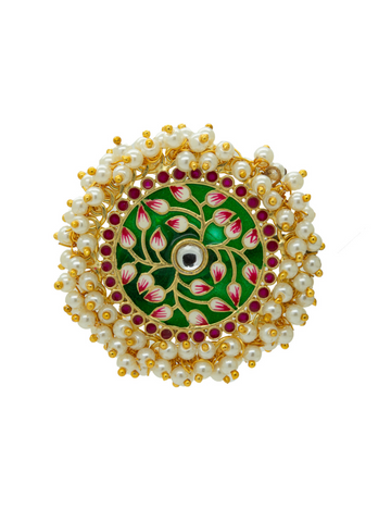 Green Floral Meena Pearl Gold Plated Kundan Ring