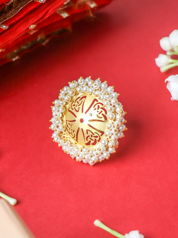 Matte Gold Plated Jali Pearl Ring
