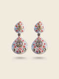 Traditional teardrop-shaped earrings with intricate red and white enamel work, adorned with embedded stones and floral motifs.