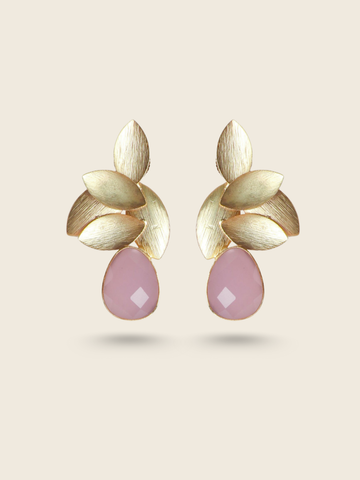 Elegant gold-toned leaf design earrings with pink teardrop stones, perfect for a chic and modern ethnic look.