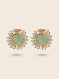Green stone round earrings with pearl drops and peacock motif – traditional gold-toned festive jewelry for women.